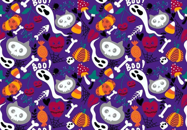 Desenhos Animados Halloween Gatos Sem Costura Abóboras Crânios Fantasma Cogumelos — Fotografia de Stock
