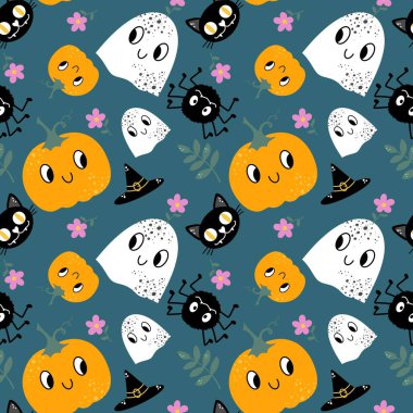 Çizgi film cadılar bayramı balkabakları ve örtü kağıtları ve kumaşlar için hayalet deseni ve çocuk giysileri baskısı ve şenlikli ambalaj ve aksesuarlar. Yüksek kaliteli illüstrasyon