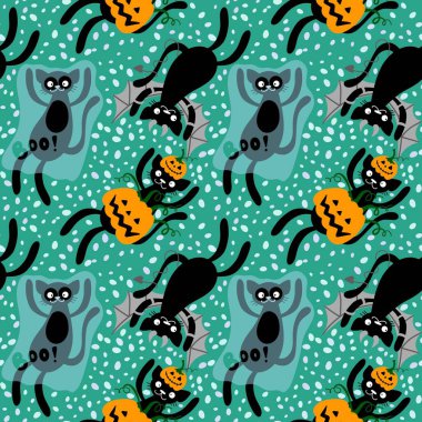 Cadılar Bayramı çizgi kedileri kusursuz balkabakları, hayalet ve canavarlar kumaşlar ve ambalaj kağıtları için vampir desenleri ve çocuk giysileri baskısı, ambalaj ve aksesuarlar. Yüksek kaliteli illüstrasyon