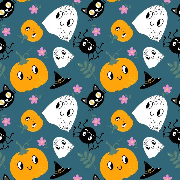 Dessin Animé Halloween Citrouilles Sans Couture Fantôme Modèle Pour Papier — Photo