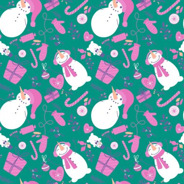 Noel kardan adamı, dikişsiz şeker, çiçek hediye kutusu ve eldiven desenli ambalaj kağıdı, kumaş, yeni yıl paketi, şenlikli aksesuarlar ve Noel. Yüksek kaliteli illüstrasyon