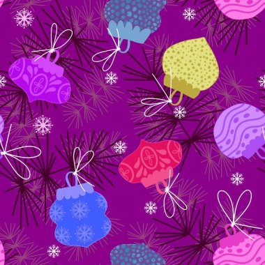 Yeni yıl paketleri, ambalajları, kumaşlar, çocuk giysileri baskıları ve şenlik aksesuarları için noel ağacı dikişsiz oyuncak top desenleri. Yüksek kaliteli illüstrasyon