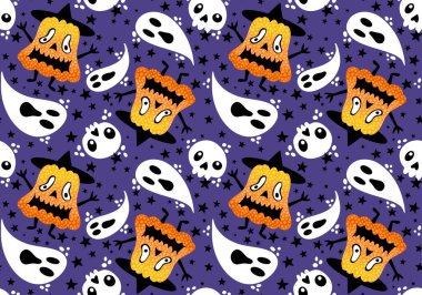 Sonbahar çizgi filmi, sebze hasadı, dikişsiz Cadılar Bayramı balkabağı, ambalaj kağıdı, kumaş, çocuk giysisi baskısı ve şenlikli paketleme için hayalet deseni. Yüksek kaliteli illüstrasyon