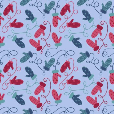 Kış eldivenleri kar taneleri desenli kağıt, kumaş, çarşaf ve çocuk giysileri baskısı ve yeni yıl ambalajı ve aksesuarları. Yüksek kaliteli illüstrasyon