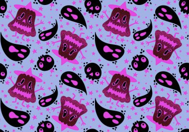 Sonbahar çizgi filmi, sebze hasadı, dikişsiz Cadılar Bayramı balkabağı, ambalaj kağıdı, kumaş, çocuk giysisi baskısı ve şenlikli paketleme için hayalet deseni. Yüksek kaliteli illüstrasyon