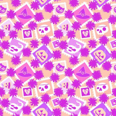 Posta pulları karikatürsüz cadılar bayramı balkabakları, hayalet, zehir ve kedi desenli ambalaj kağıtları, kumaşlar, çocuk giysileri baskıları ve şenlikli ambalajlar. Yüksek kaliteli illüstrasyon