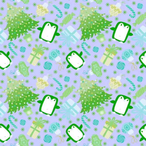 Christmas Cartoon Animals Seamless Penguin Gift Box Candy Pattern Wrapping — Stock Photo, Image
