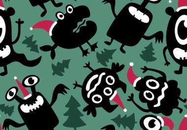 Yeni yıl yaratıkları Noel Baba şapkası desenli kağıt, kumaş, çocuk giysisi baskısı, şenlik ambalajı ve kış aksesuarlarıyla kusursuz Noel canavarları. Yüksek kaliteli illüstrasyon