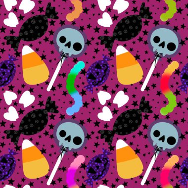 Çizgi film cadılar bayramı şekersiz kafatası ve kumaş ambalajı için lolipop deseni ve çocuk giysileri baskısı ve şenlik ambalajı ve sonbahar aksesuarları. Yüksek kaliteli illüstrasyon