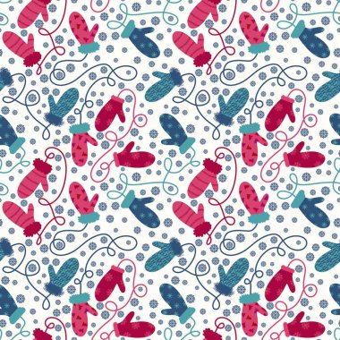 Kış eldivenleri kar taneleri desenli kağıt, kumaş, çarşaf ve çocuk giysileri baskısı ve yeni yıl ambalajı ve aksesuarları. Yüksek kaliteli illüstrasyon