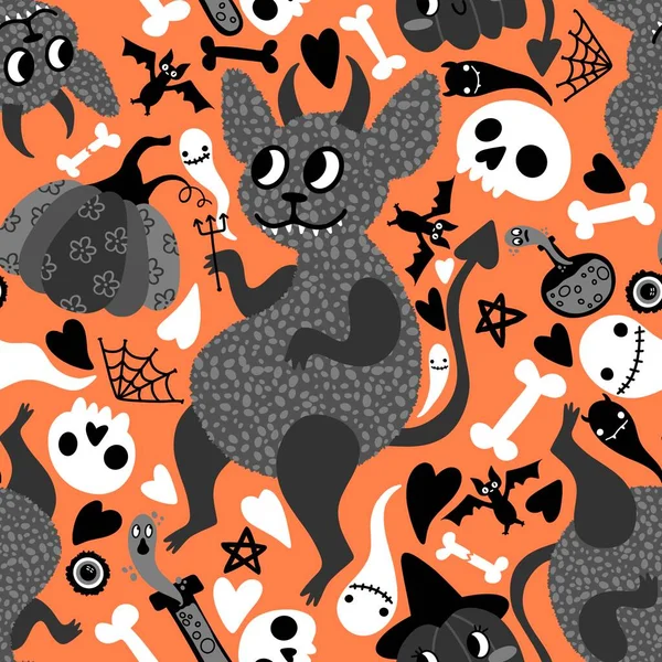Rajzfilm Halloween Szörnyek Zökkenőmentes Ördögök Tök Szellem Állatok Koponyák Minta — Stock Fotó