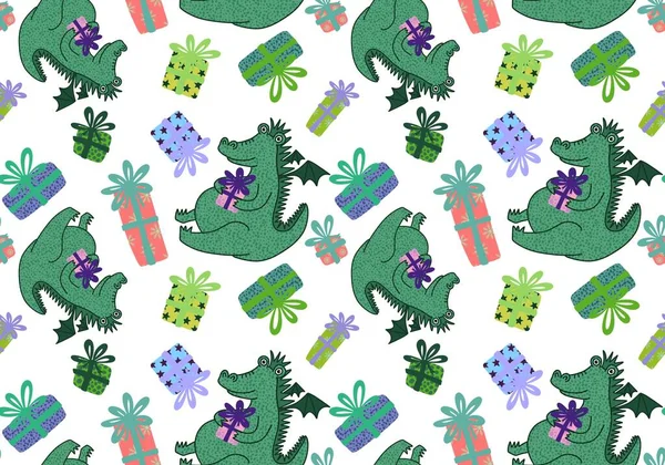 Ano Novo Dragão Sem Costura Desenho Animado Padrão Dinossauro Natal — Fotografia de Stock