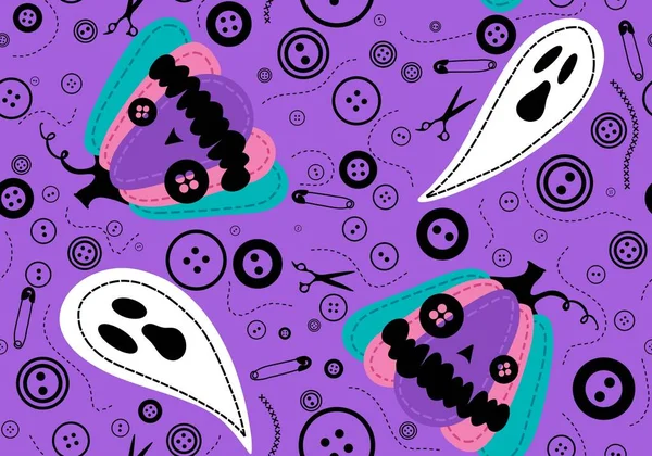 Halloween Sewing Monsters Seamless Pumpkins Ghost Buttons Scissors Pattern Fabrics — Stock Photo, Image