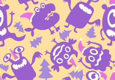 Yeni yıl yaratıkları Noel Baba şapkası desenli kağıt, kumaş, çocuk giysisi baskısı, şenlik ambalajı ve kış aksesuarlarıyla kusursuz Noel canavarları. Yüksek kaliteli illüstrasyon