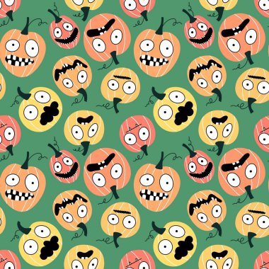 Sonbahar sebze hasadı kusursuz Cadılar Bayramı balkabağı deseni ambalaj kağıdı, kumaş ve çocuk giysileri baskısı ve mutfak ve bayram ambalajı ve moda tekstili. Yüksek kaliteli illüstrasyon