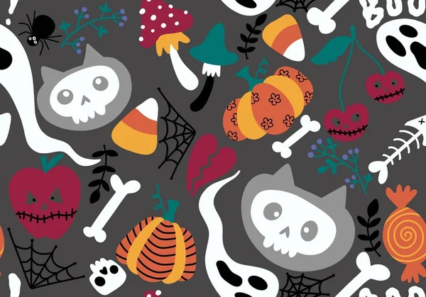 Cartoni Animati Halloween Gatti Zucche Senza Soluzione Continuità Teschi Fantasma — Foto Stock