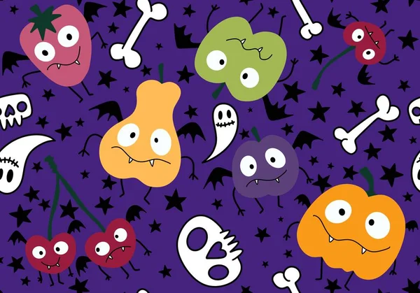 Temporada Cosecha Dibujos Animados Otoño Patrón Vampiro Monstruos Frutas Halloween —  Fotos de Stock