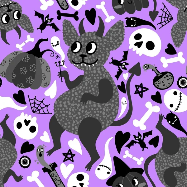 Cartoon Halloween Monster Nahtlose Teufel Und Kürbisse Und Geistertiere Totenköpfe — Stockfoto