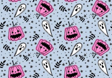 Sonbahar çizgi filmi, sebze hasadı, dikişsiz Cadılar Bayramı balkabağı, ambalaj kağıdı, kumaş, çocuk giysisi baskısı ve şenlikli paketleme için hayalet deseni. Yüksek kaliteli illüstrasyon