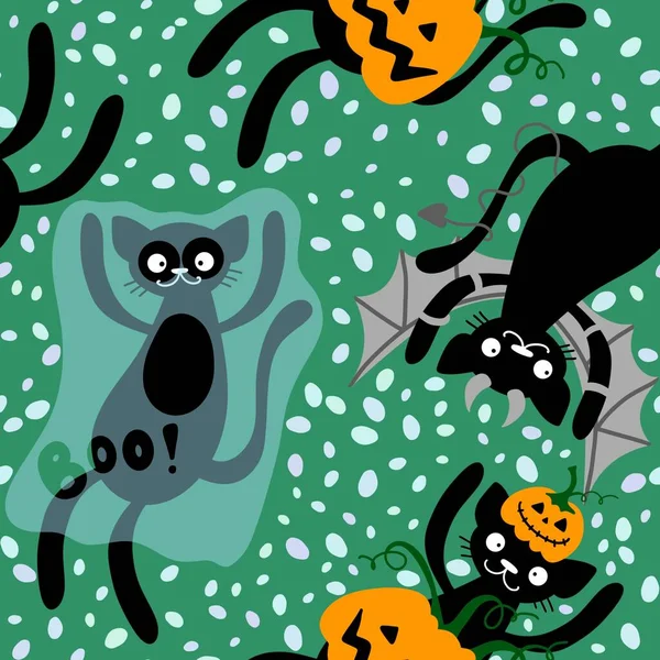 Halloween Dibujos Animados Gatos Calabazas Sin Costura Fantasmas Monstruos Patrón — Foto de Stock