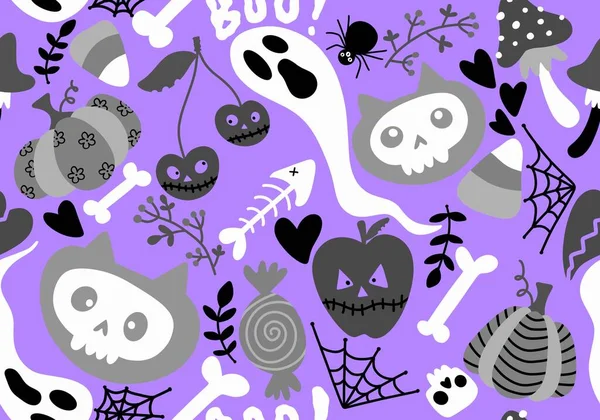 Dibujos Animados Halloween Gatos Sin Costuras Calabazas Calaveras Fantasma Setas —  Fotos de Stock