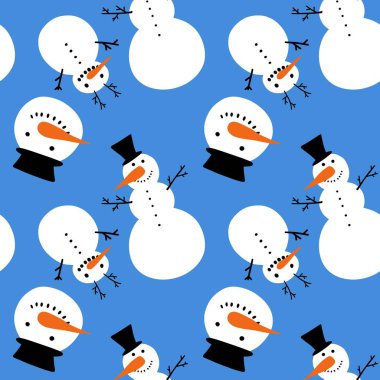 Noel kardan adam kardan adam kusursuz buz, şapka ve havuç desenli ambalaj kâğıdı, kumaş ve çocuk giysileri baskısı, şenlikli ambalajlar ve yeni yıl aksesuarları. Yüksek kaliteli illüstrasyon