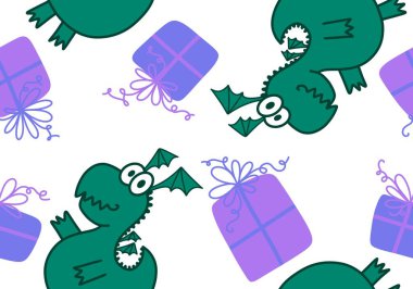 Çizgi filmlerdeki hayvanlar, dinazorlar, Noel ambalajsız ejderha desenleri, çocuk giysileri, kumaşlar ve şenlikli ambalajlar. Yüksek kaliteli illüstrasyon