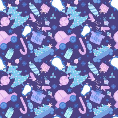 Çizgi filmlerdeki Noel hayvanları, pürüzsüz penguenler, şekerler ve hediye kutusu desenleri kağıt, kumaş, çocuk baskısı, şenlikli aksesuarlar ve yeni yıl paketleri. Yüksek kaliteli illüstrasyon