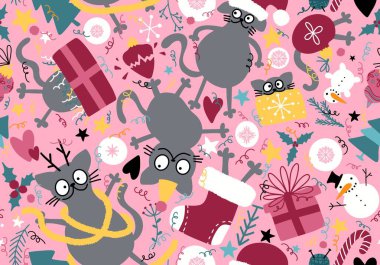 Noel hayvanları kusursuz kediler, hediye kutuları, ağaç ve oyuncak desenleri kağıt ve kumaşlar, çocuk giysileri baskısı, yeni yıl ambalajları ve şenlikli aksesuarlar. Yüksek kaliteli illüstrasyon