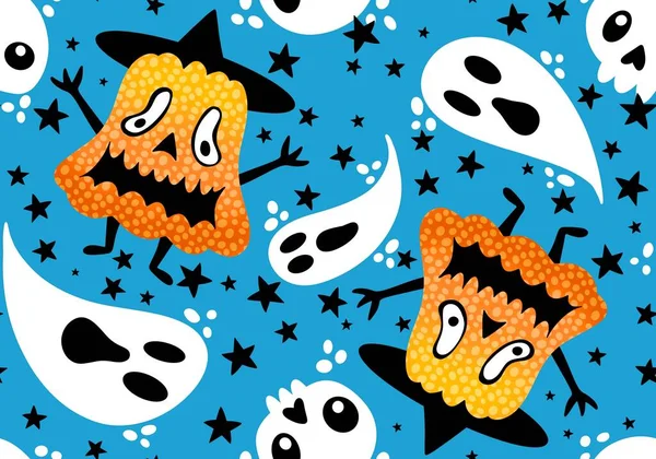 Tecknad Höst Skörd Vegetabiliska Sömlösa Halloween Pumpor Och Spöke Mönster — Stockfoto