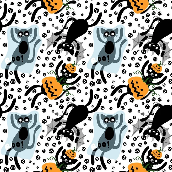 Halloween Cartoon Cats Seamless Pumpkins Ghost Monsters Vampire Pattern Fabrics — Stock Photo, Image