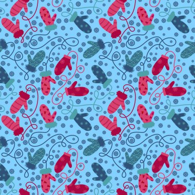 Kış eldivenleri kar taneleri desenli kağıt, kumaş, çarşaf ve çocuk giysileri baskısı ve yeni yıl ambalajı ve aksesuarları. Yüksek kaliteli illüstrasyon