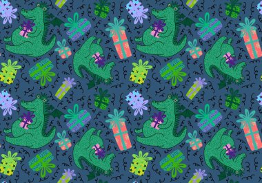 Yeni yıl ejderhaları, Noel dinozor desenli ambalajsız ambalajsız Noel dinozor desenleri ve çocuk kıyafetleri baskısı, şenlikli ambalajlar, kumaşlar ve Noel aksesuarları. Yüksek kaliteli illüstrasyon