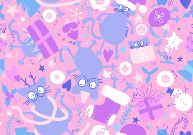 Noel hayvanları kusursuz kediler, hediye kutuları, ağaç ve oyuncak desenleri kağıt ve kumaşlar, çocuk giysileri baskısı, yeni yıl ambalajları ve şenlikli aksesuarlar. Yüksek kaliteli illüstrasyon