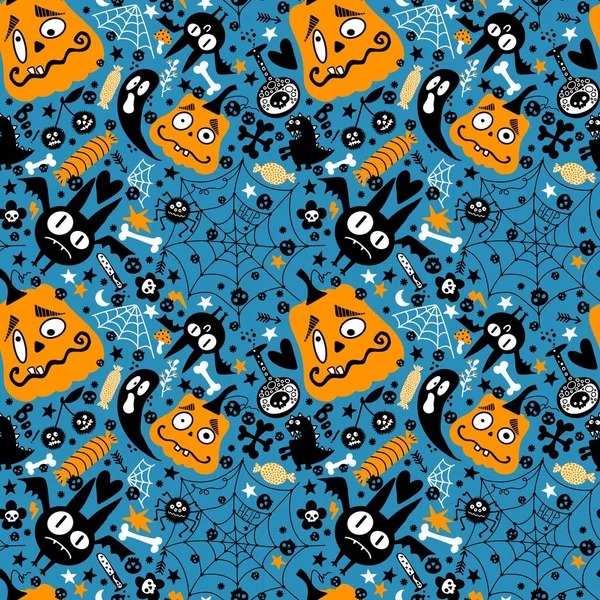 Halloween Kreskówki Dynie Bezszwowe Nietoperz Duch Cukierki Wzór Sieci Web — Zdjęcie stockowe