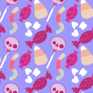 Çizgi film cadılar bayramı şekersiz kafatası ve kumaş ambalajı için lolipop deseni ve çocuk giysileri baskısı ve şenlik ambalajı ve sonbahar aksesuarları. Yüksek kaliteli illüstrasyon