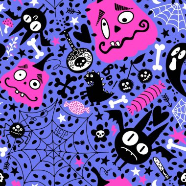 Cadılar Bayramı çizgi balkabakları, yarasalar, hayaletler, şekerler, kumaşlar, çocuk resimleri, sonbahar aksesuarları ve şenlikli ambalajlar. Yüksek kaliteli illüstrasyon