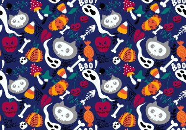 Çizgi filmlerdeki cadılar bayramı kedileri dikişsiz balkabakları, kafatasları hayalet ve mantar desenli ambalaj kağıtları, kumaşlar, şenlikli aksesuarlar ve sonbahar ambalajları. Yüksek kaliteli illüstrasyon