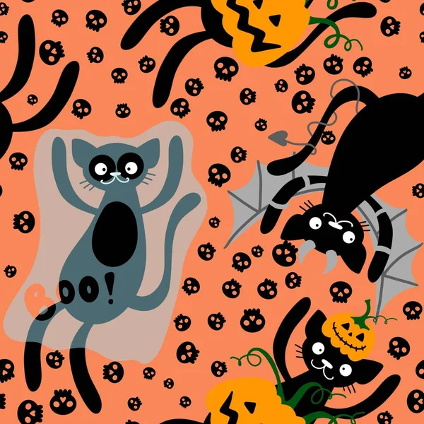 Halloween Dibujos Animados Gatos Calabazas Sin Costura Fantasmas Monstruos Patrón — Foto de Stock
