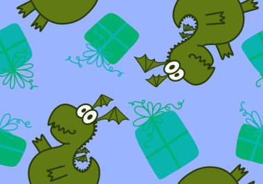 Çizgi filmlerdeki hayvanlar, dinazorlar, Noel ambalajsız ejderha desenleri, çocuk giysileri, kumaşlar ve şenlikli ambalajlar. Yüksek kaliteli illüstrasyon