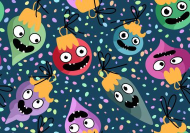 Noel ağacı topları, kumaşlar, ambalaj kağıtları, çocuk giysileri baskısı, yeni yıl ambalajları ve şenlikli aksesuarları olan kusursuz çizgi film canavarları. Yüksek kaliteli illüstrasyon