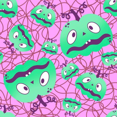 Karikatür sonbaharı sebzesiz Cadılar Bayramı balkabağı desenli kağıt, kumaş ve çocuk giysileri baskısı, moda tekstil ürünleri ve bayram ambalajı. Yüksek kaliteli illüstrasyon