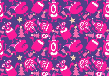 Yeni yıl yaratıkları Noel Baba şapkası desenli kağıt, kumaş, çocuk giysisi baskısı, şenlik ambalajı ve kış aksesuarlarıyla kusursuz Noel canavarları. Yüksek kaliteli illüstrasyon