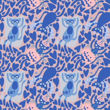 Cadılar Bayramı çizgi kedileri kusursuz balkabakları, hayalet ve canavarlar kumaşlar ve ambalaj kağıtları için vampir desenleri ve çocuk giysileri baskısı, ambalaj ve aksesuarlar. Yüksek kaliteli illüstrasyon