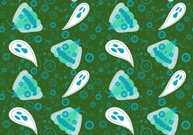 Cadılar Bayramı dikişsiz balkabakları, hayaletler, kumaşlar için düğmeler, makas desenleri, ambalaj kağıtları, şenlikli ambalajlar ve çocuk kıyafetleri. Yüksek kaliteli illüstrasyon