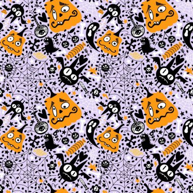 Cadılar Bayramı çizgi balkabakları, yarasalar, hayaletler, şekerler, kumaşlar, çocuk resimleri, sonbahar aksesuarları ve şenlikli ambalajlar. Yüksek kaliteli illüstrasyon