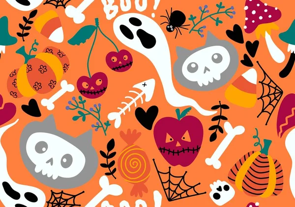 Cartoon Halloween Katten Naadloze Pompoenen Schedels Spook Paddestoelen Patroon Voor — Stockfoto