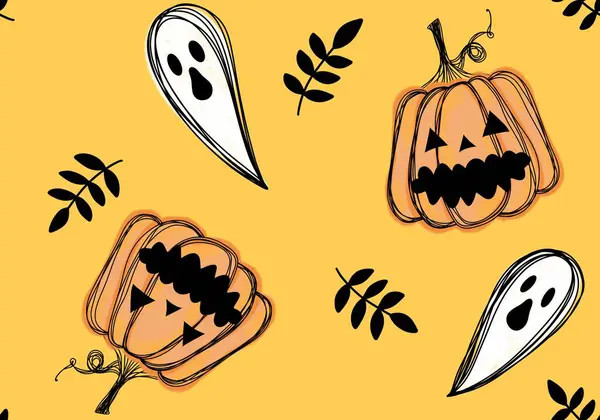 Jesienna Kreskówka Zbiory Warzyw Bezszwowe Halloween Dynie Wzór Ducha Pakowania — Zdjęcie stockowe