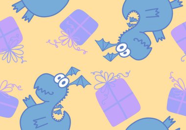 Çizgi filmlerdeki hayvanlar, dinazorlar, Noel ambalajsız ejderha desenleri, çocuk giysileri, kumaşlar ve şenlikli ambalajlar. Yüksek kaliteli illüstrasyon