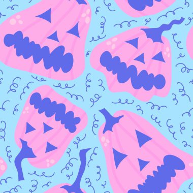 Cadılar Bayramı çizgi balkabakları. Güz hasat desenleri. Kağıt, kumaş, çocuk giysisi baskısı, şenlikli ambalaj ve aksesuarlar için. Yüksek kaliteli illüstrasyon